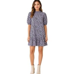 Tyler Boe Purple Leopard Ruffle Hem Puff Sleeve Smock Tiered Mini Dress Sz L